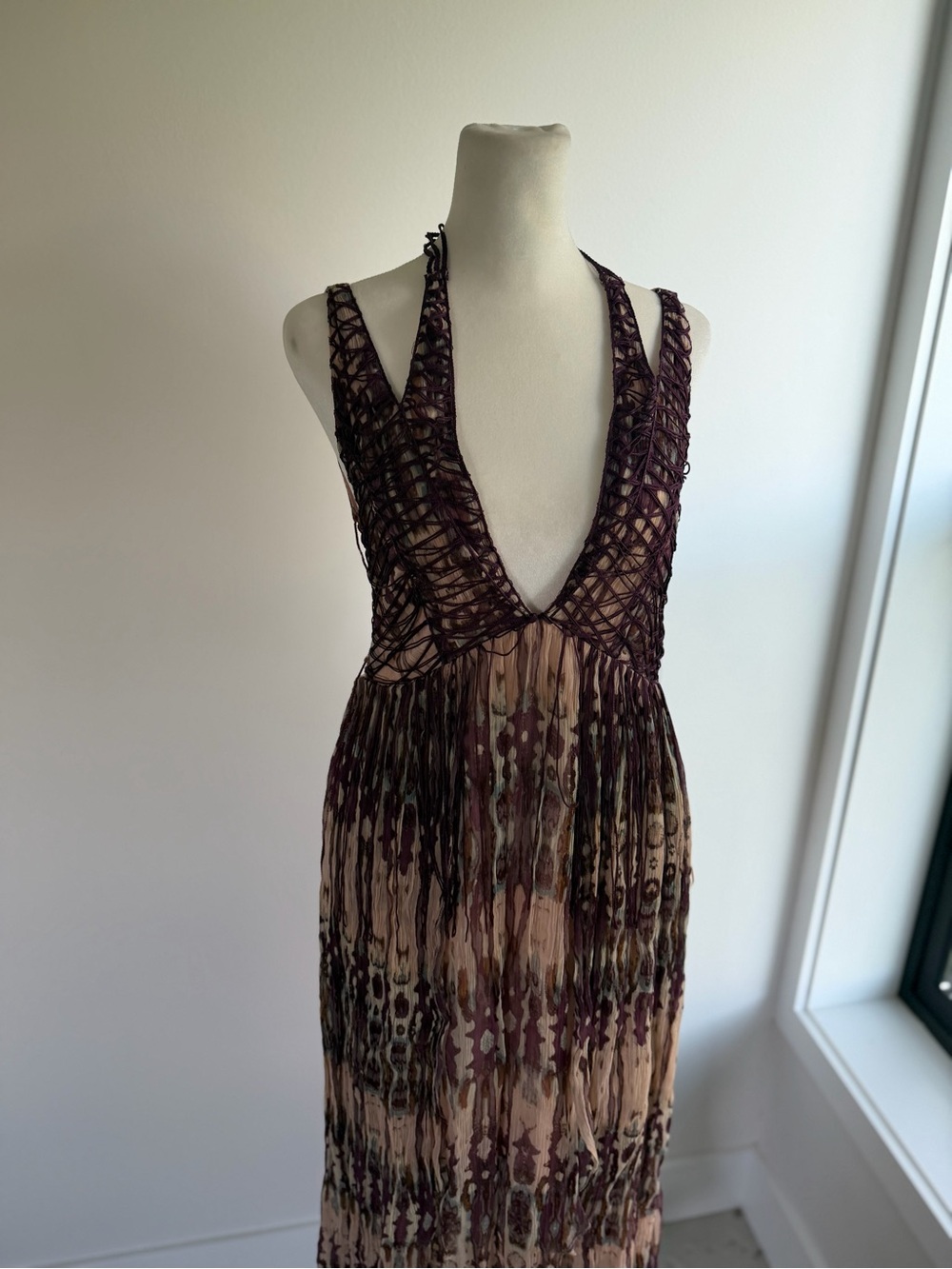 Free People Tie-Dye Crochet Side-Lace Maxi Dress in Mauve and Cream - Picture 3 of 9